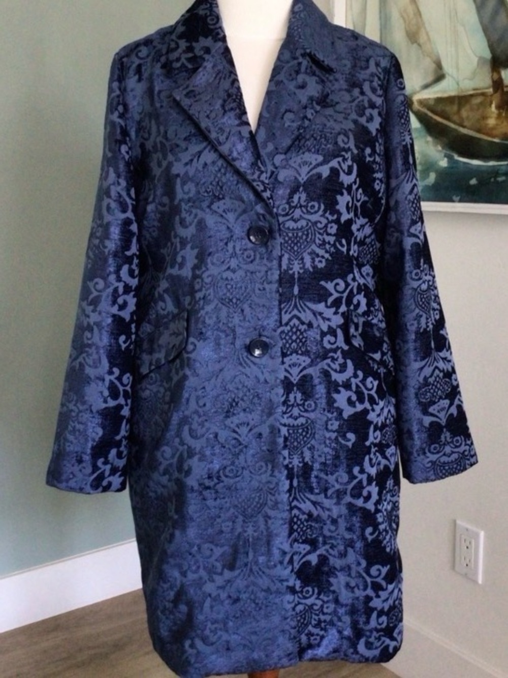 Chico's Blue Patterned Jacquard Car Coat